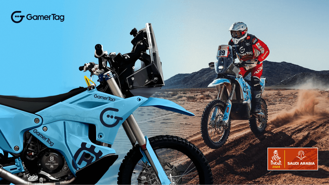 GamerTag-branded rally motorbike at the Dakar Rally