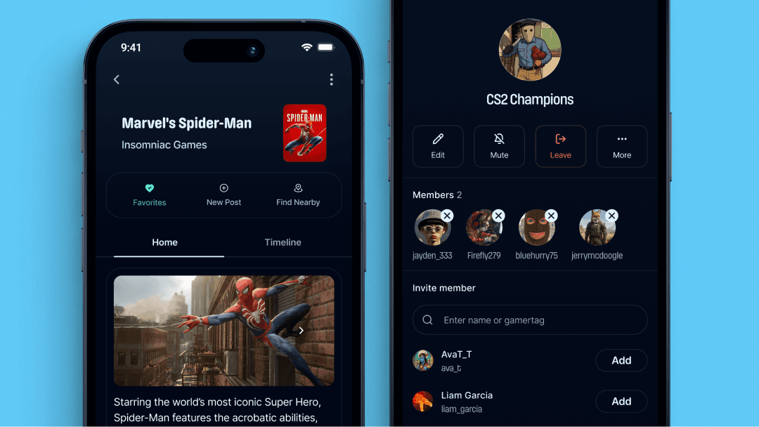 GamerTag feature screens: game discovery feed and group community tools
