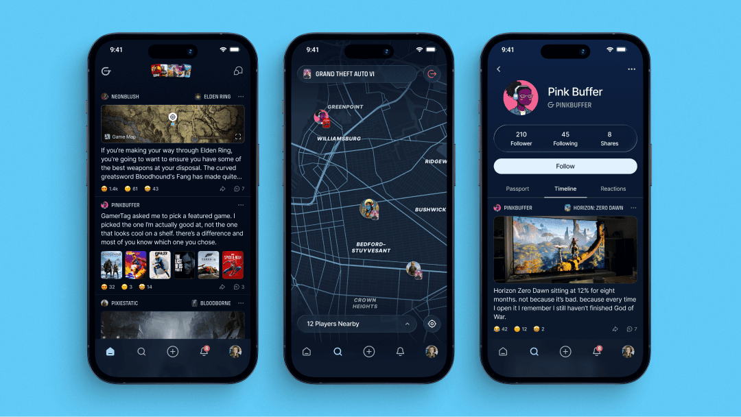GamerTag product screens: feed, game passport, discovery