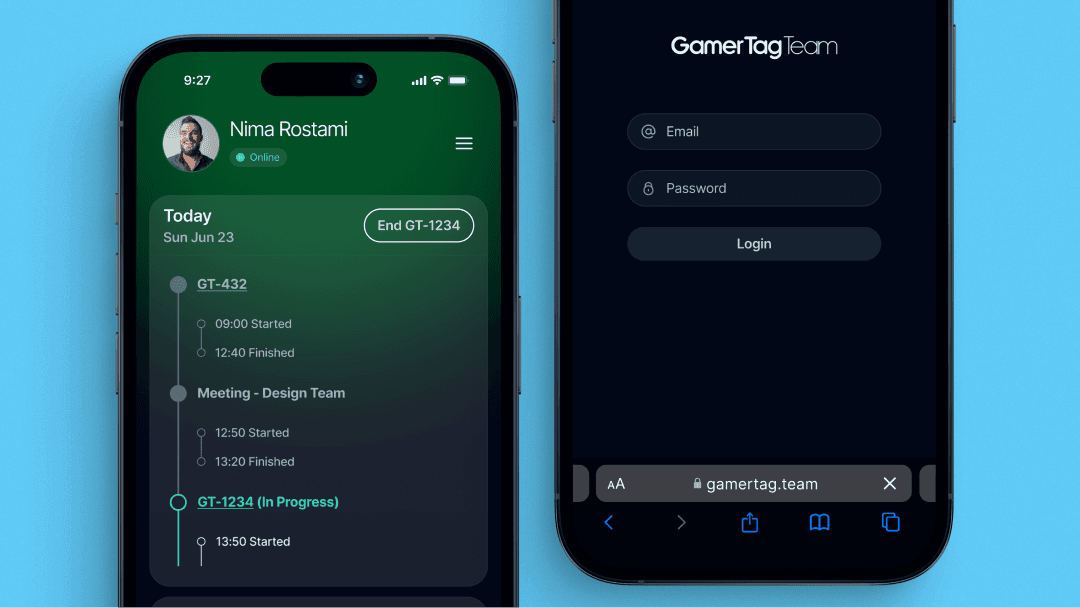 gamertag.team login screen and sprint time-tracking dashboard