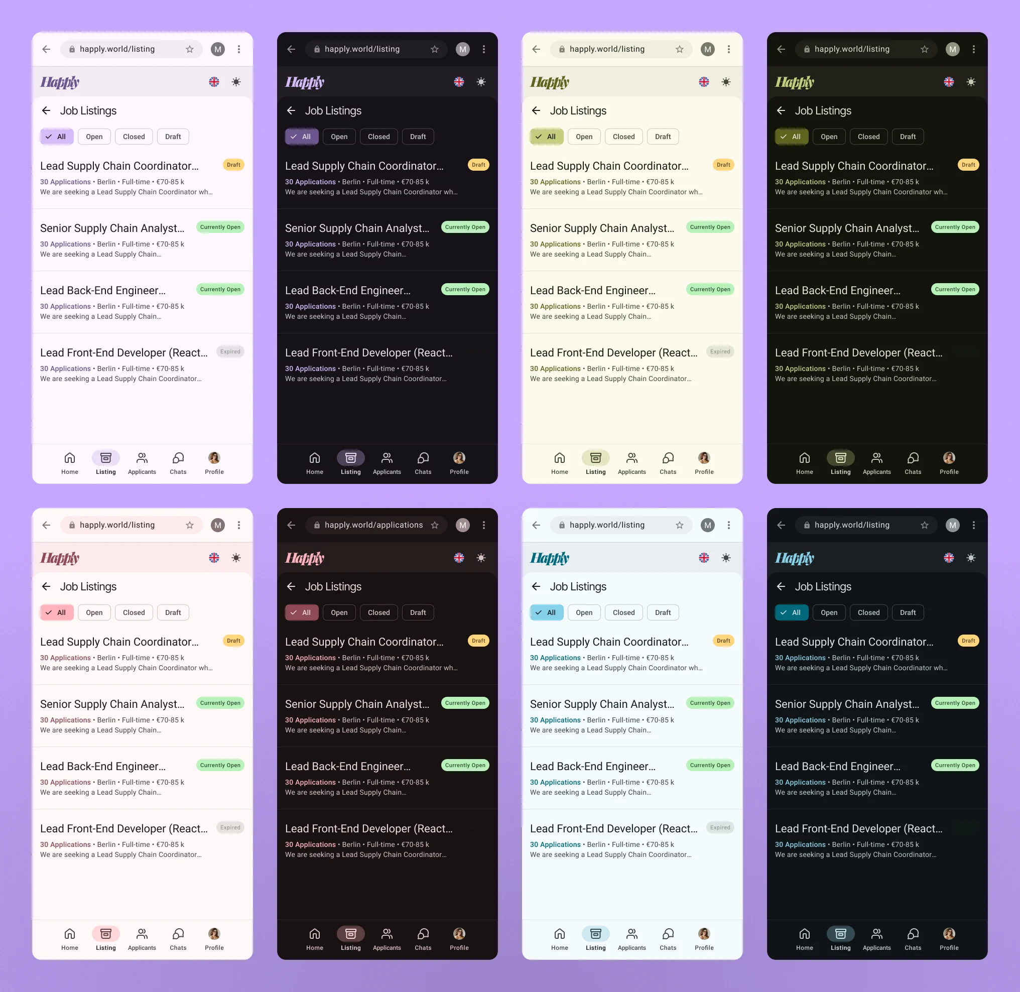 Happly Job Listings in several brand color themes